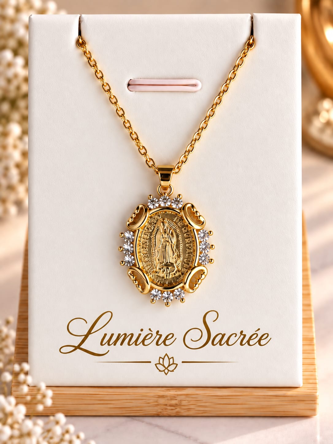 Collier Médaille Vierge de Guadalupe Plaqué Or – Pendentif Lumière Sacrée Acier Inoxydable et Zircons – Bijou Religieux Protection – Pendentif Seul ou Collier 45+5 cm