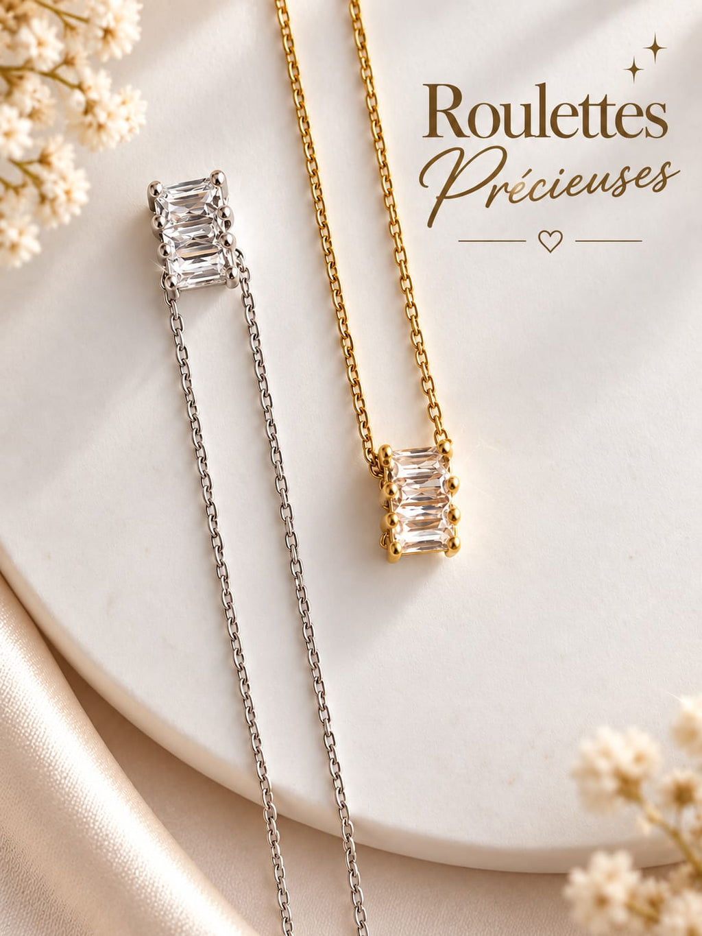 Collier Femme Zircon Baguette Acier Inoxydable – Roulettes Précieuses Doré ou Argenté, 45+5 cm – Pendentif Seul ou Complet