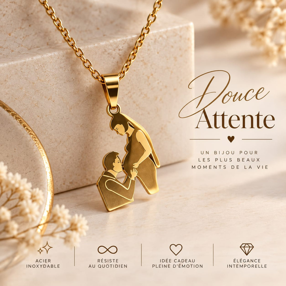 Collier Future Maman "Douce attente" – Pendentif Famille en Acier Inoxydable Doré - Gravure à la demande