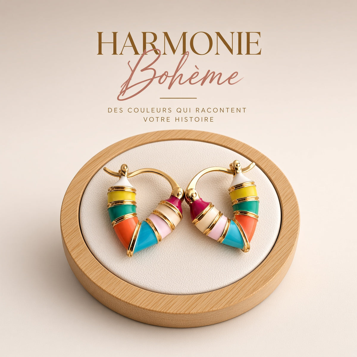 Créoles Colorées Émaillées Harmonie Bohème – Boucles d’Oreilles Multicolores Or