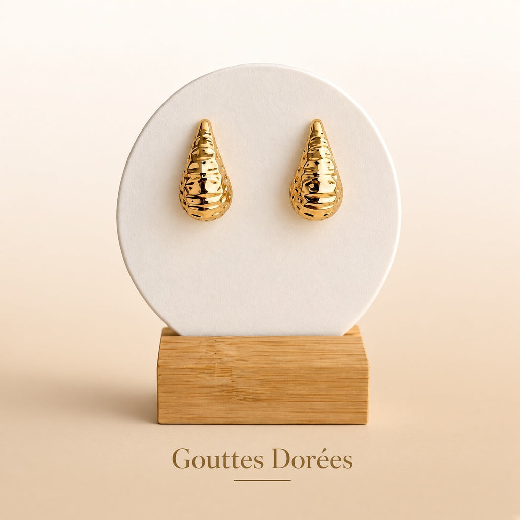 Puces Gouttes Dorées Or Texturé – Boucles d’Oreilles Goutte Martelée