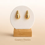 Puces Gouttes Dorées Or Texturé – Boucles d’Oreilles Goutte Martelée