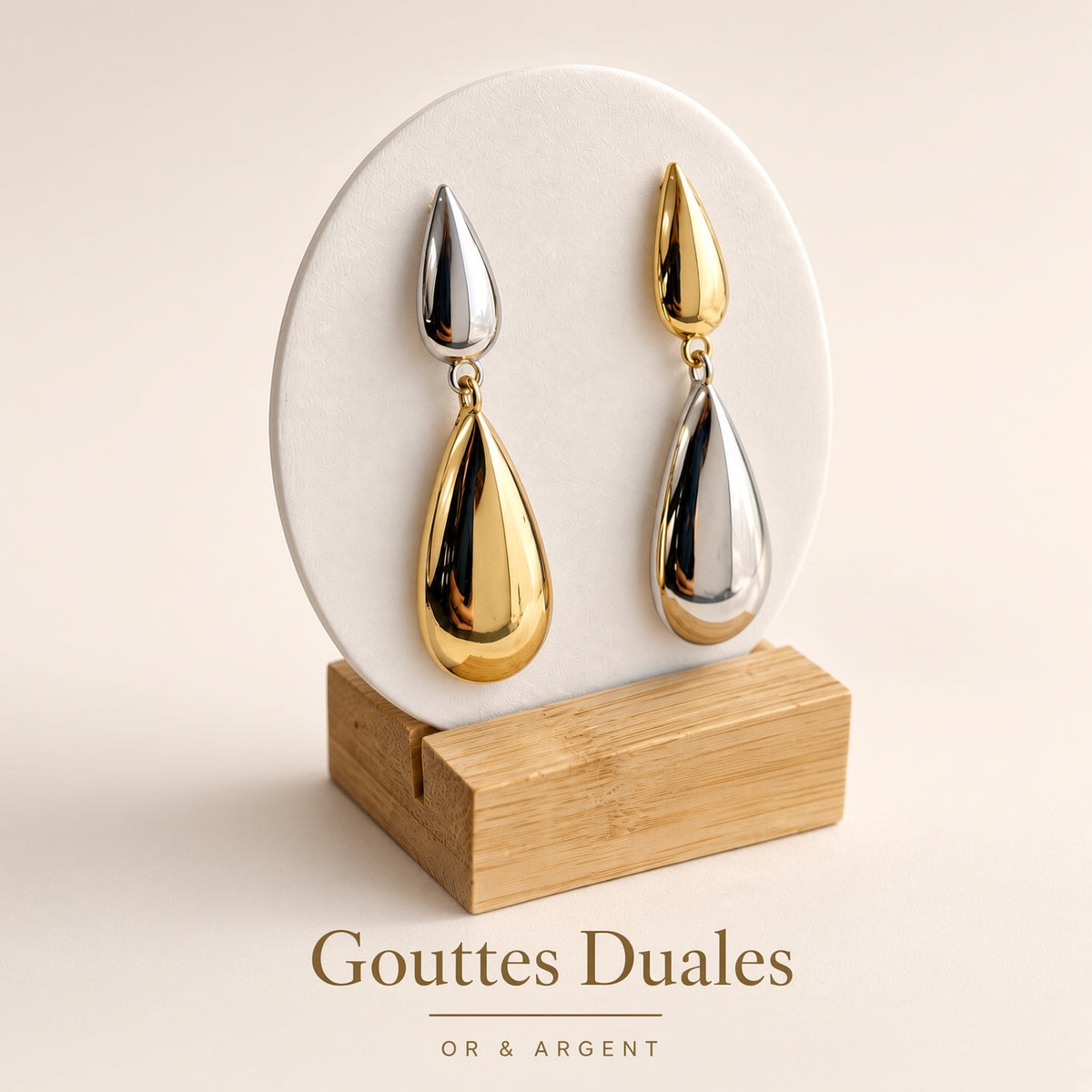Boucles d’Oreilles Gouttes Duales Or & Argent – Pendants Bicolores Asymétriques