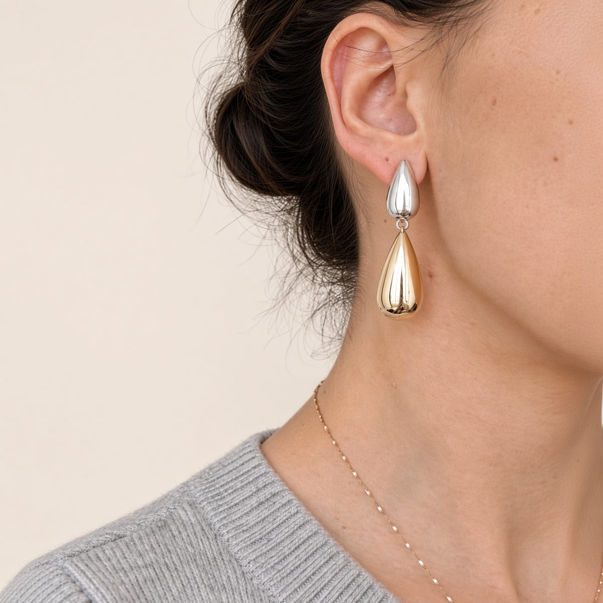 Boucles d’Oreilles Gouttes Duales Or & Argent – Pendants Bicolores Asymétriques