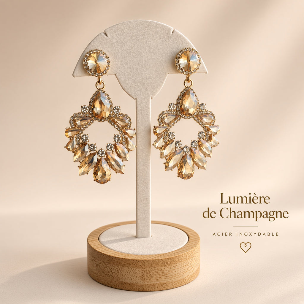 Boucles d’Oreilles Chandelier Champagne Lumière de Champagne – Cristaux Or