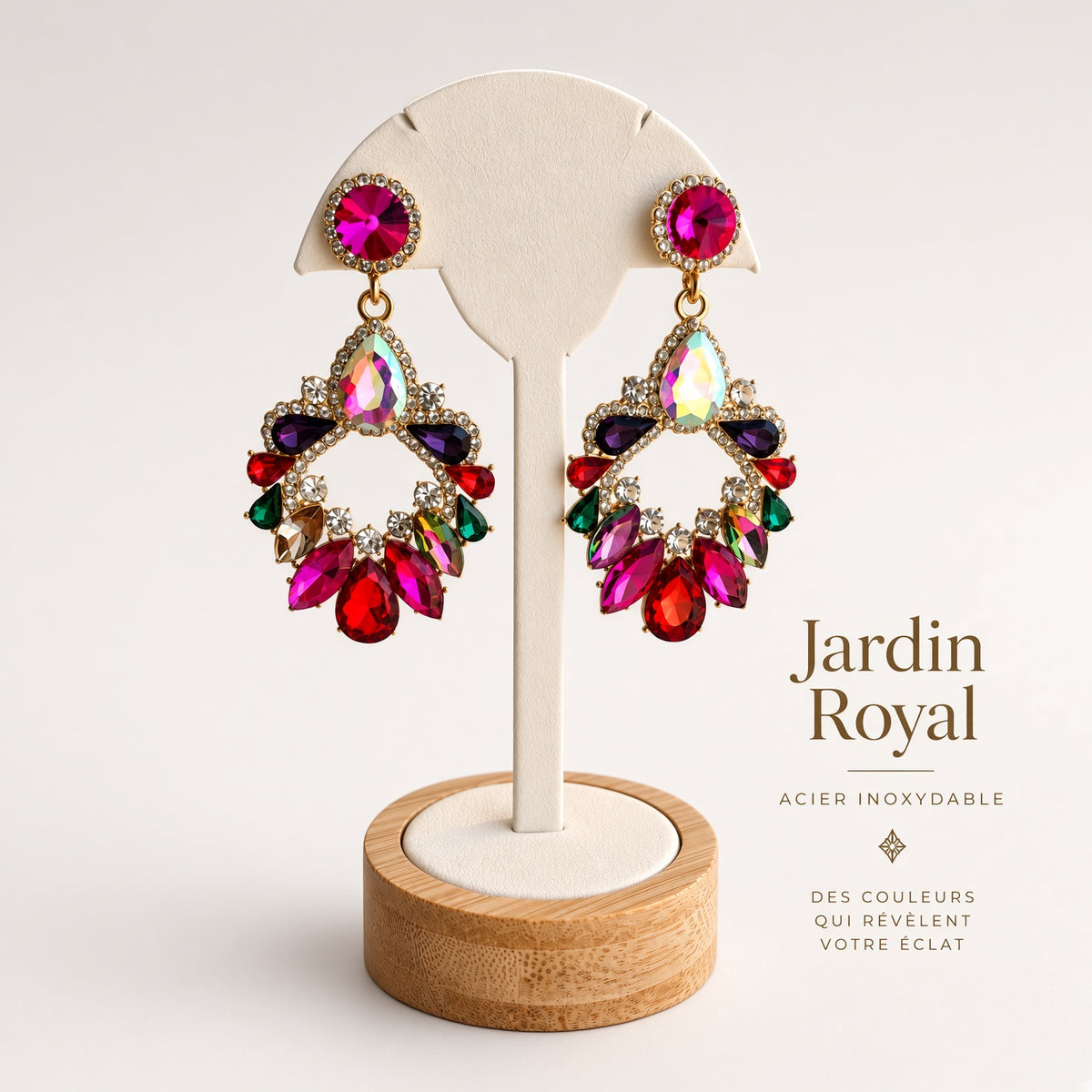 Boucles d’Oreilles Chandelier Multicolores Jardin Royal – Cristaux Colorés Or