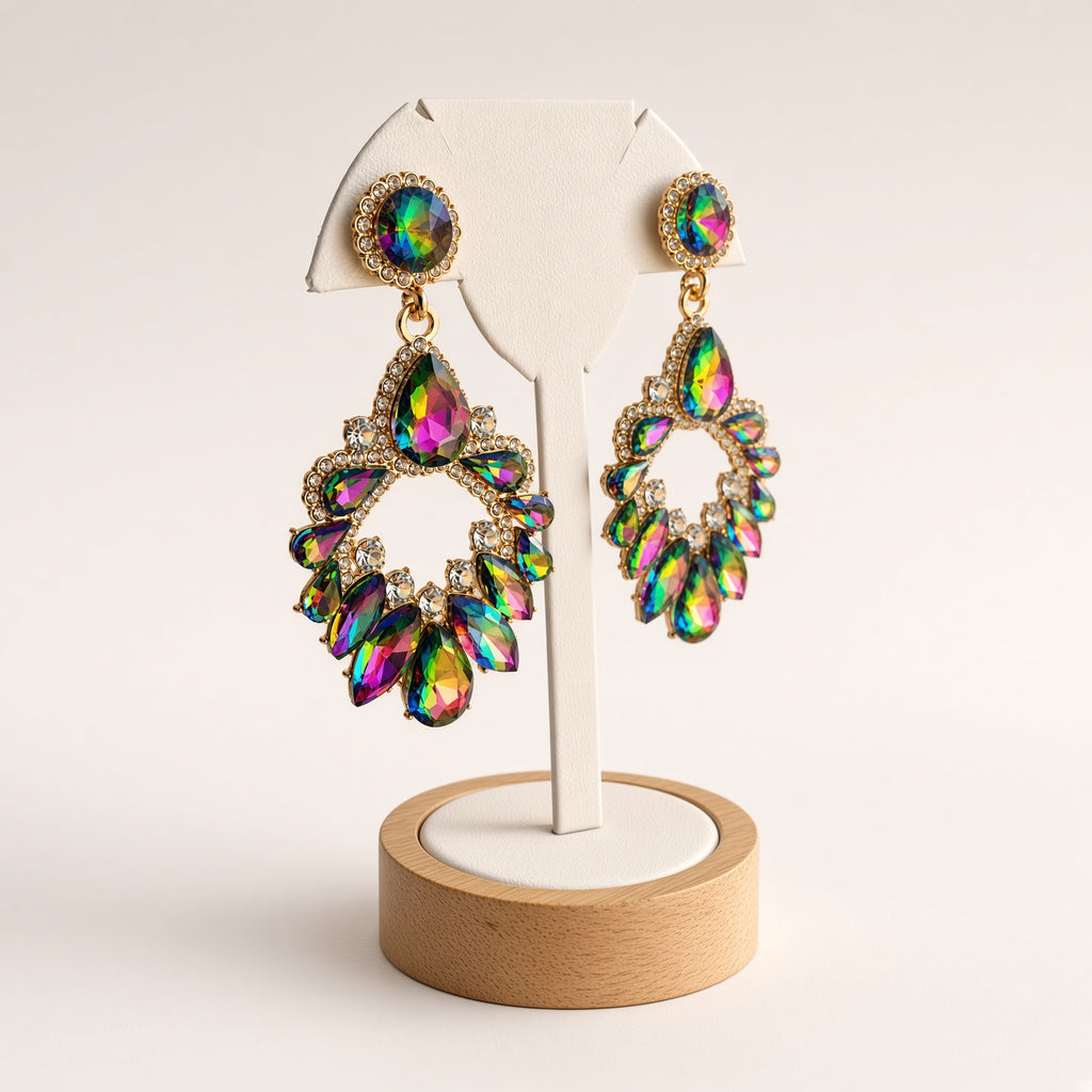 Boucles d’Oreilles Chandelier Irisées Aurore Bohème – Cristaux Rainbow Or