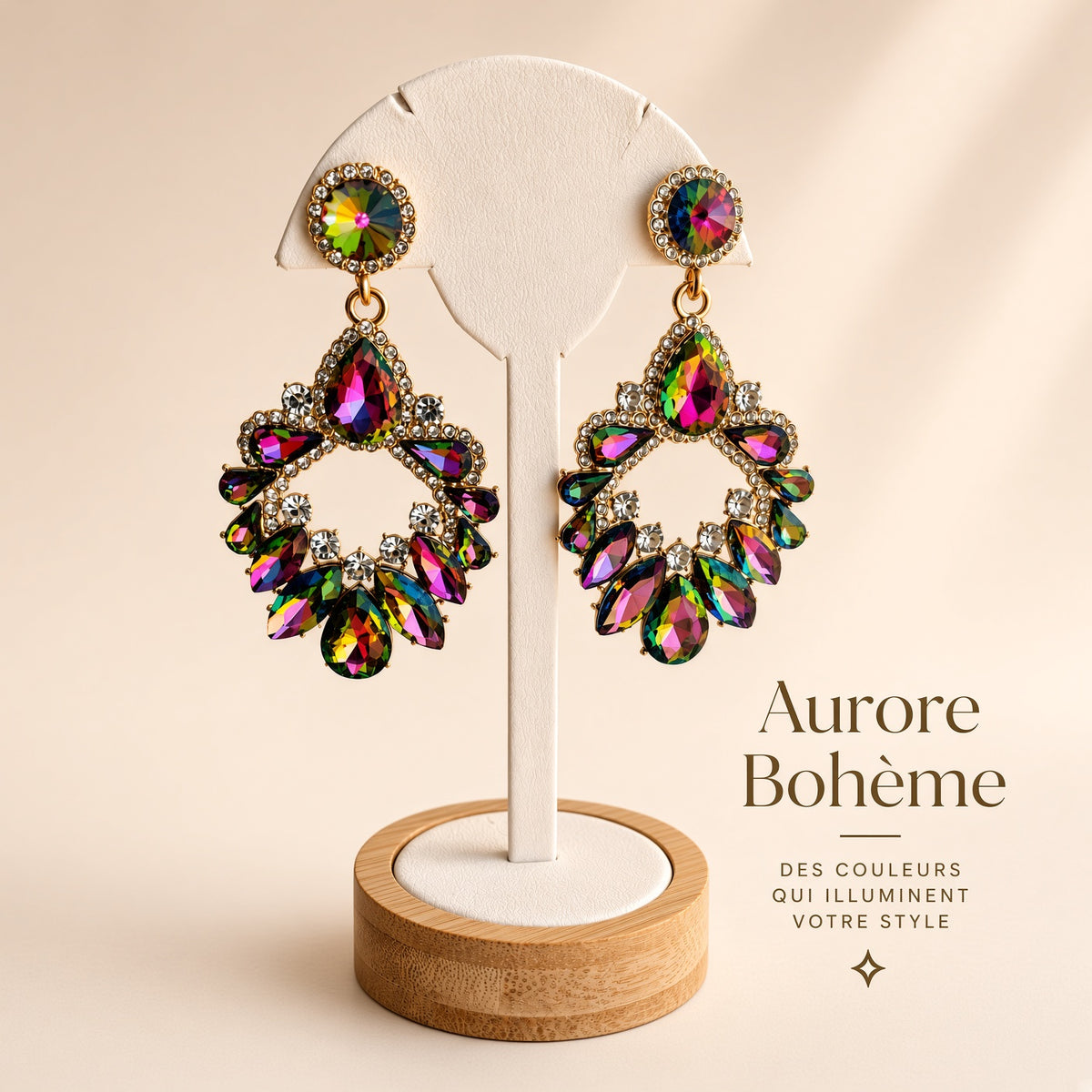 Boucles d’Oreilles Chandelier Irisées Aurore Bohème – Cristaux Rainbow Or