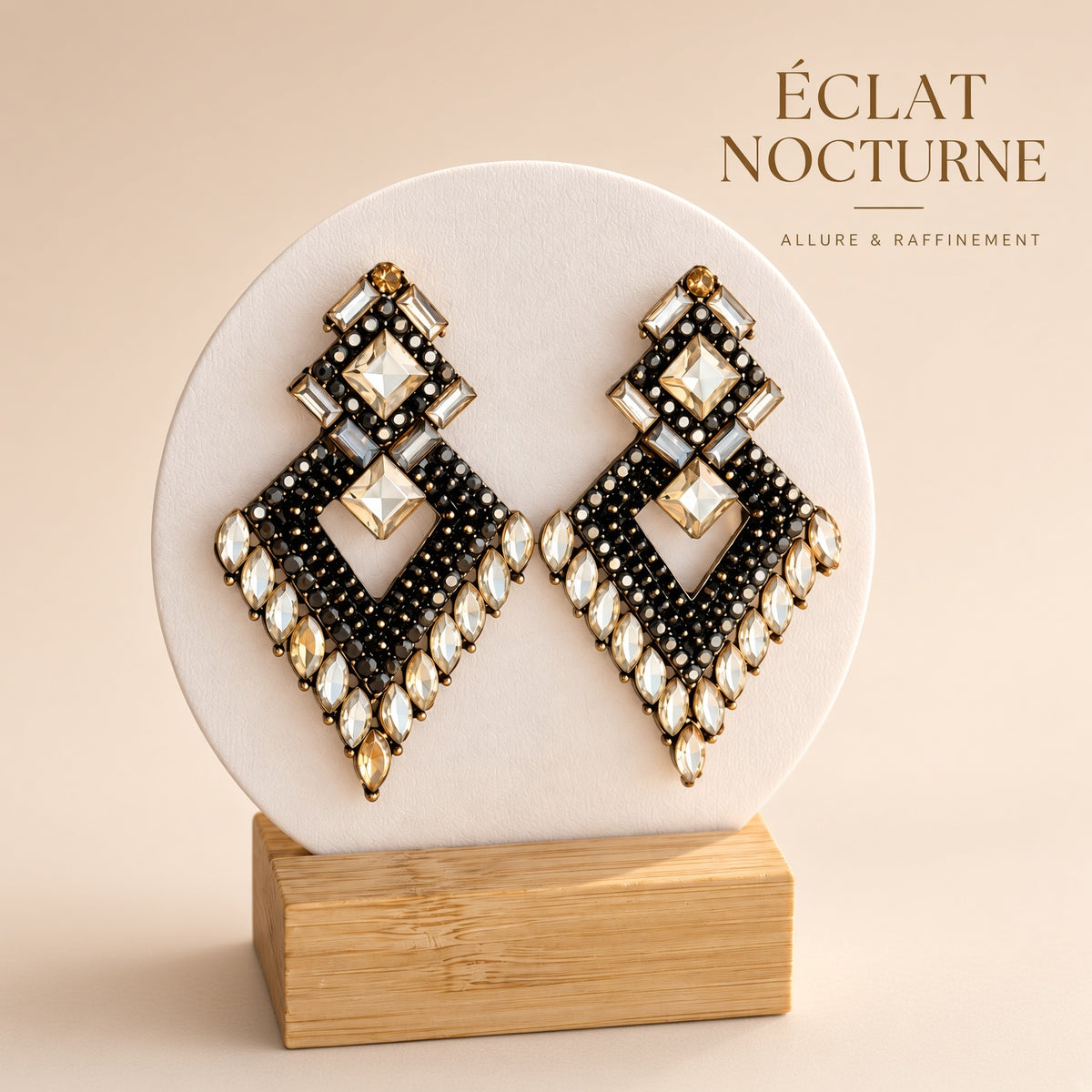 Boucles d’Oreilles Losange Éclat Nocturne – Cristaux Noir & Champagne Statement