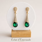 Boucles d’Oreilles Pendantes Éclat d’Émeraude – Goutte Verte Or & Strass