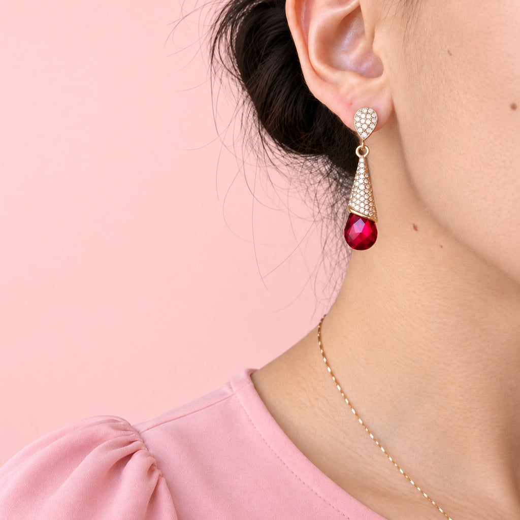 Boucles d’Oreilles Pendantes Rubis Éternel – Goutte Rouge Or & Strass