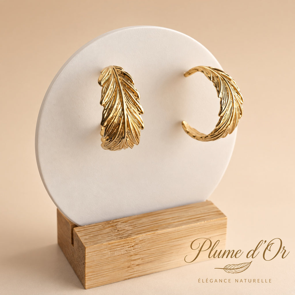 Créoles Plume Or Plume d’Or – Boucles d’Oreilles Feuille Élégance Naturelle
