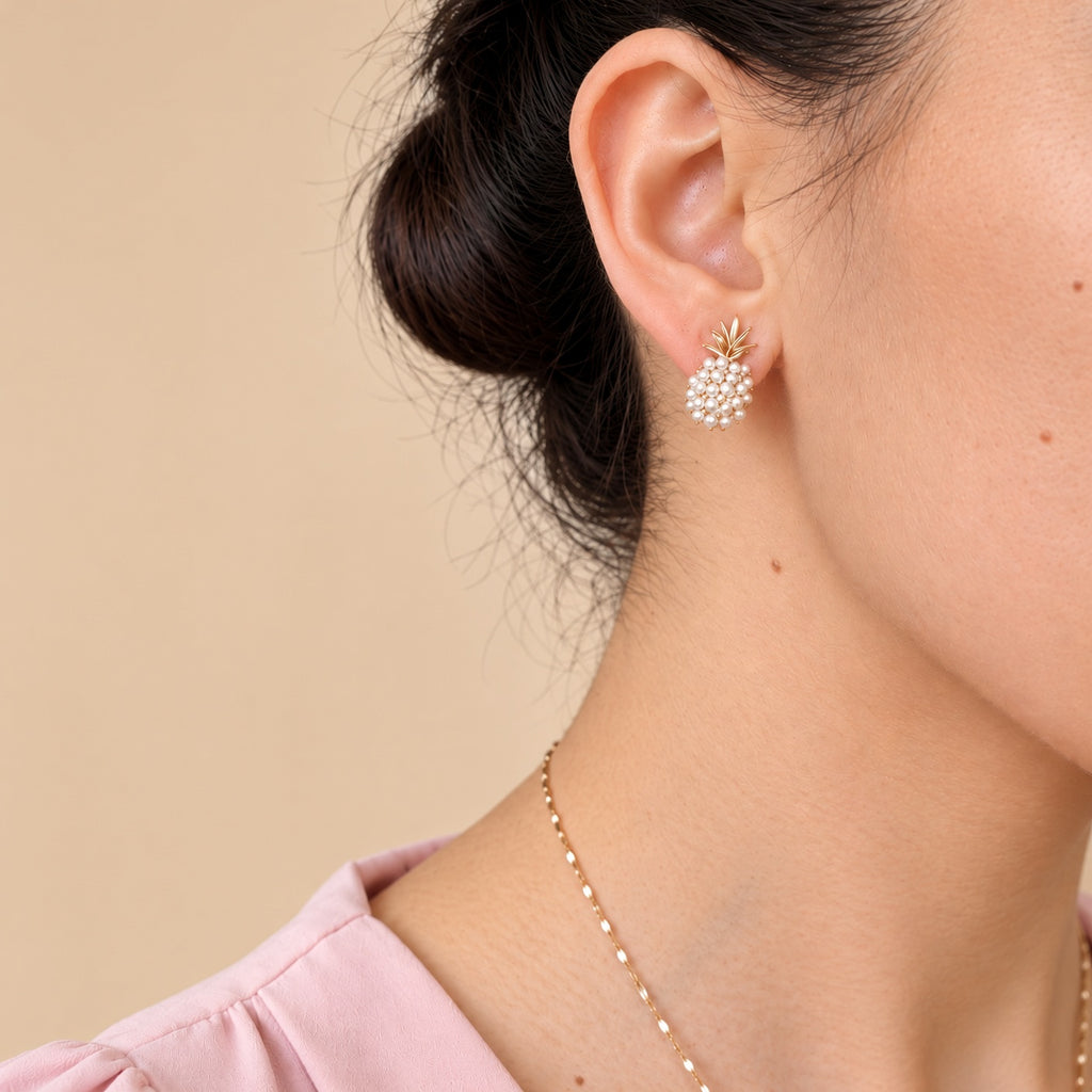 Boucles d’Oreilles Ananas Perles Pina Colada – Bijoux Exotiques Or & Perles