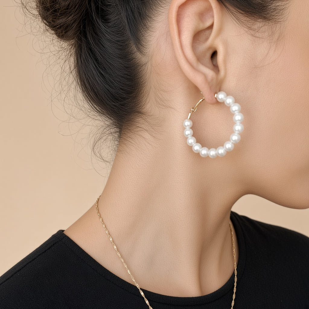 Boucles d'oreilles créoles perles – Alliage doré et perles synthétiques | Bijoux femme élégants