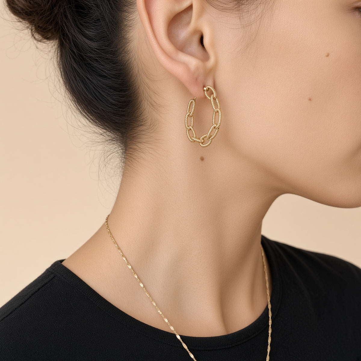 Boucles d'oreilles créoles maillons ovales – Acier inoxydable plaqué or | Bijoux femme texturés