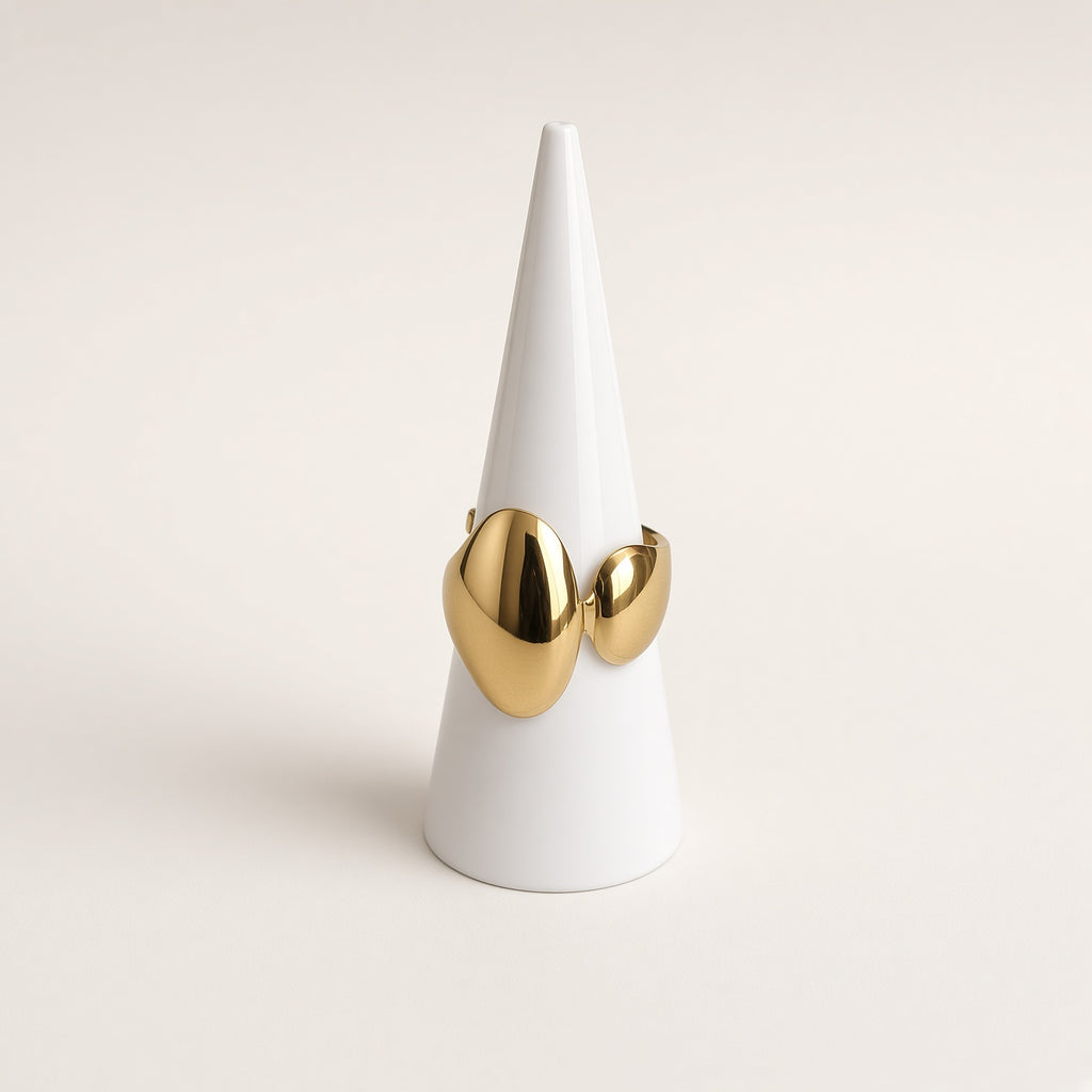 Bague ouverte double galet dorée – Acier inoxydable plaqué or | Bague femme sculpturale