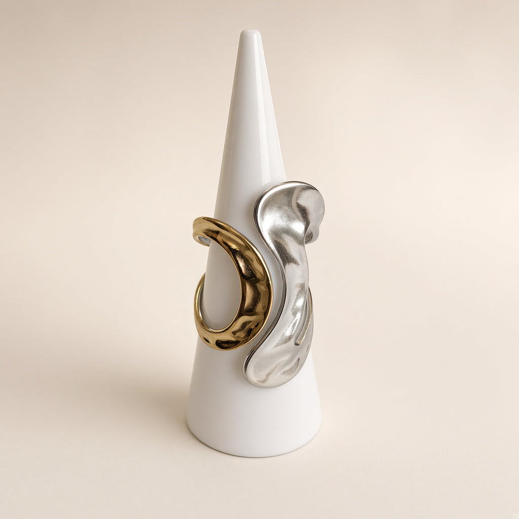 Bague sculpturale duo or et argent – Acier inoxydable | Bague femme moderne