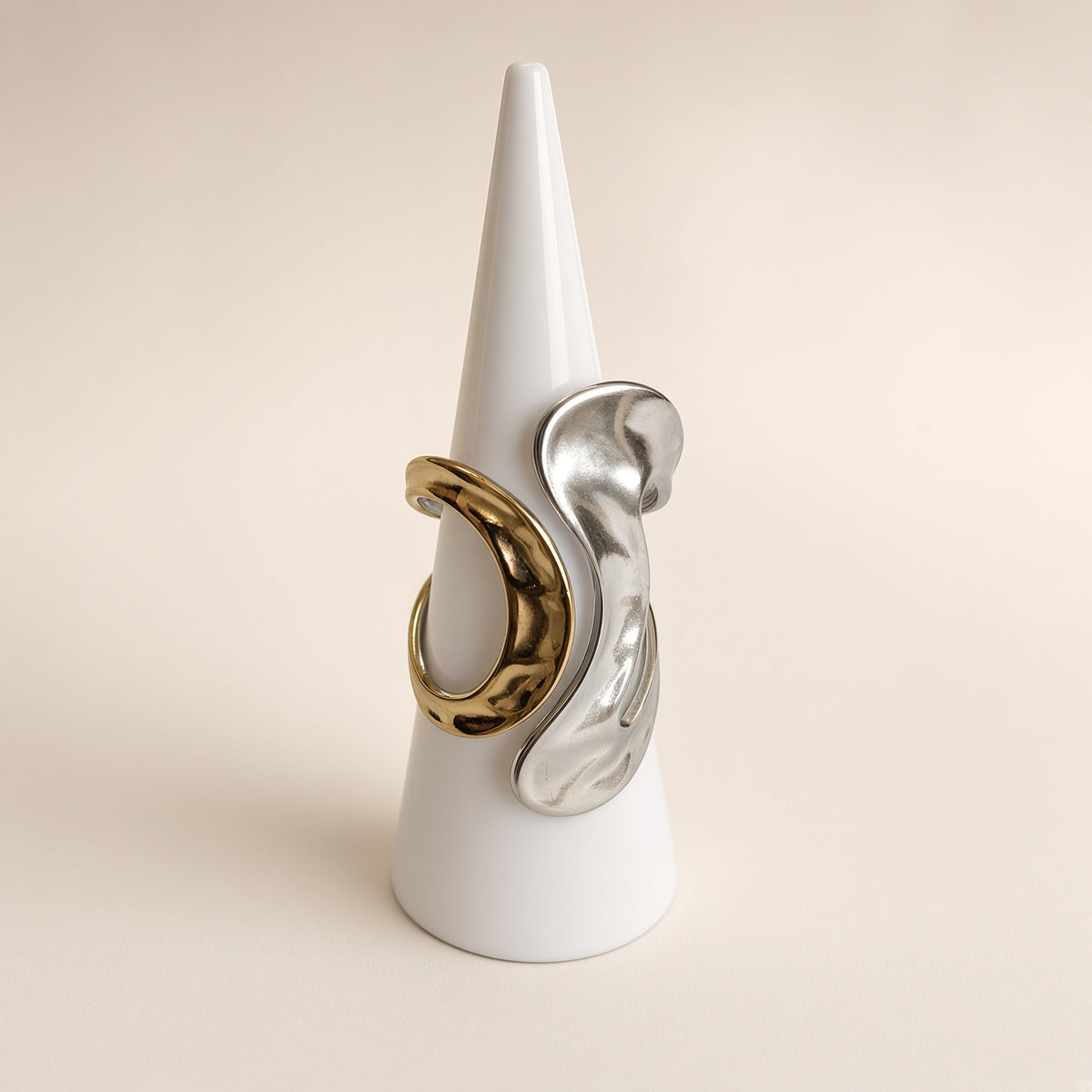 Bague sculpturale duo or et argent – Acier inoxydable | Bague femme moderne