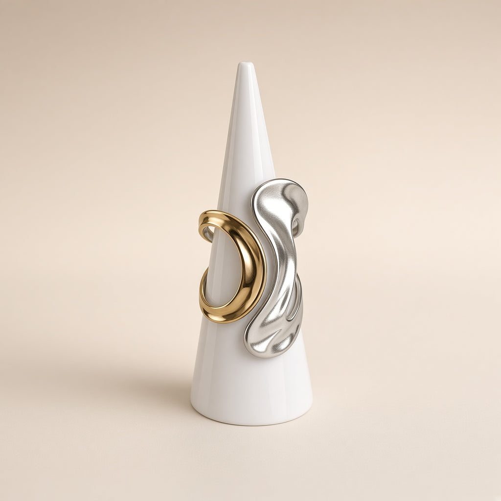 Bague sculpturale duo or et argent – Acier inoxydable | Bague femme moderne