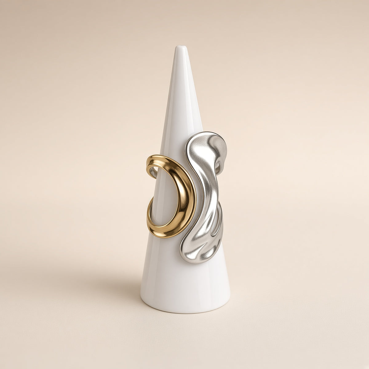 Bague sculpturale duo or et argent – Acier inoxydable | Bague femme moderne