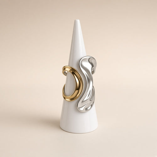 Bague sculpturale duo or et argent – Acier inoxydable | Bague femme moderne