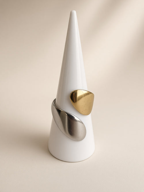 Bague double ouverte pétale bicolore – Acier inoxydable or et argent | Bague femme moderne