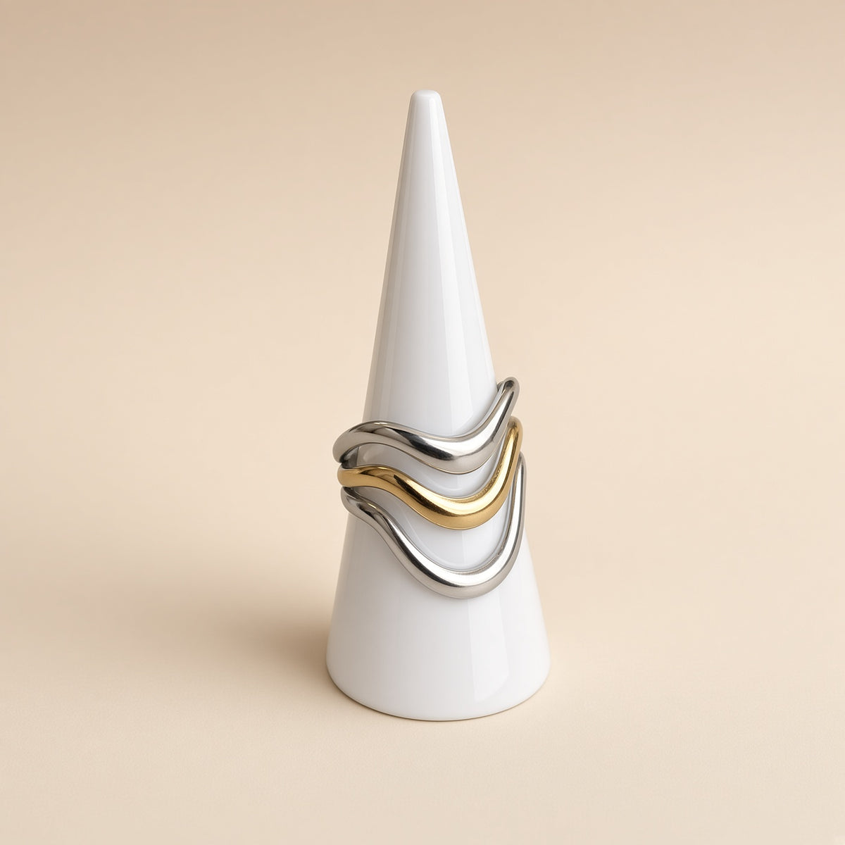 Bague triple vague bicolore – Acier inoxydable or et argent | Bague femme moderne