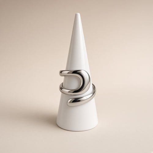 Bague ouverte boucle argentée – Acier inoxydable | Bague femme sculpturale