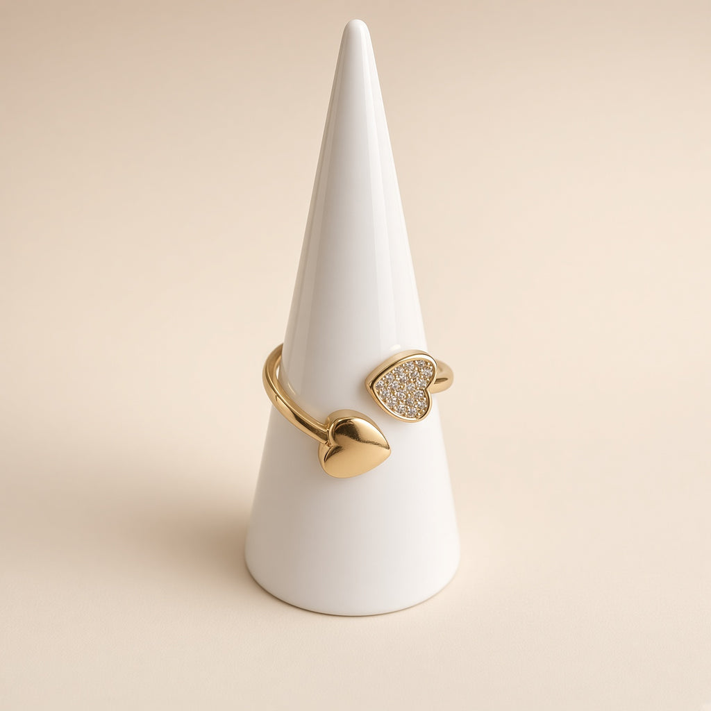 Bague ouverte double cœur – Acier inoxydable plaqué or et strass | Bague femme