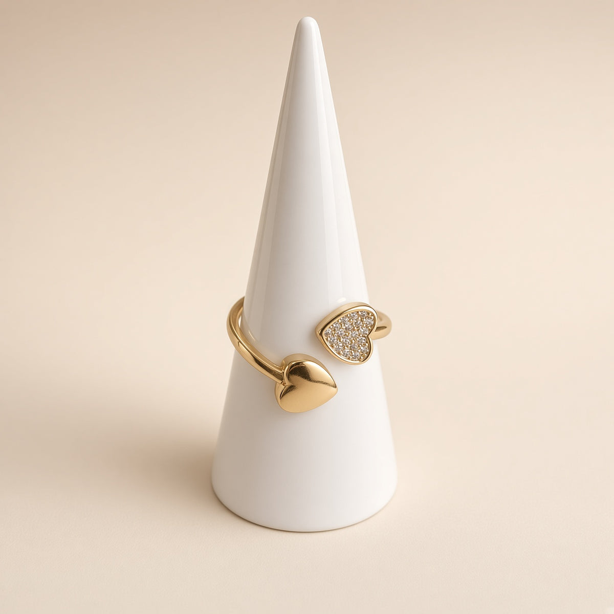 Bague ouverte double cœur – Acier inoxydable plaqué or et strass | Bague femme