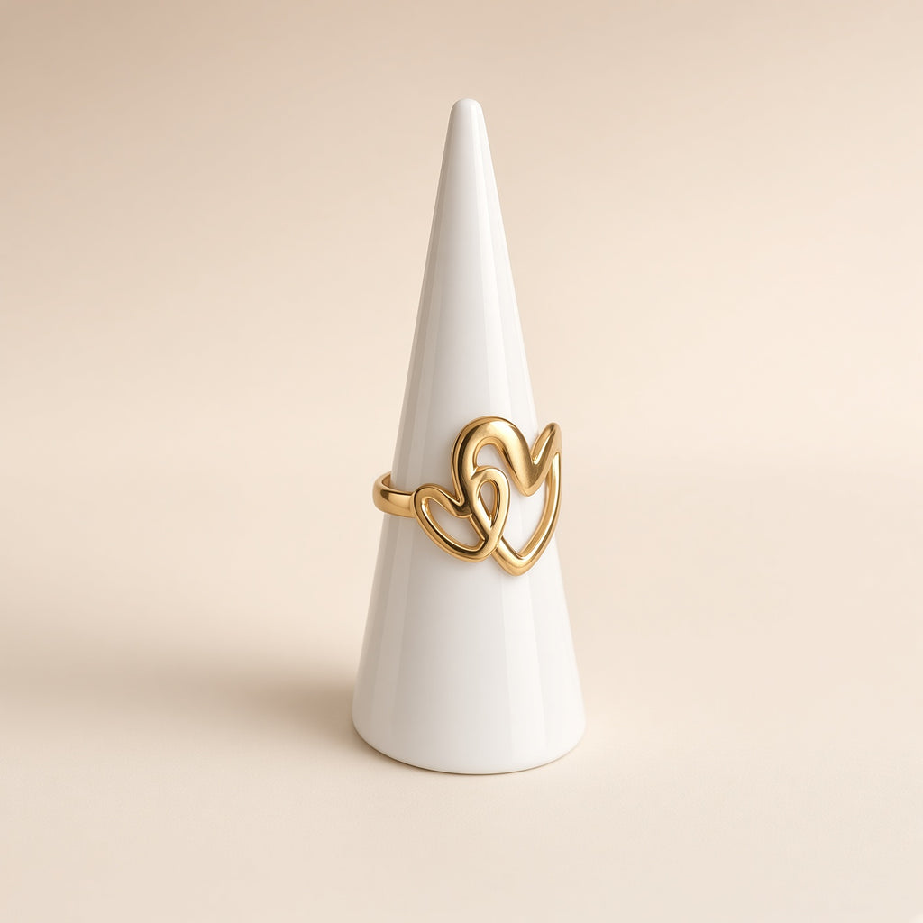 Bague ajustable double cœur entrelacé – Acier inoxydable plaqué or | Bague femme