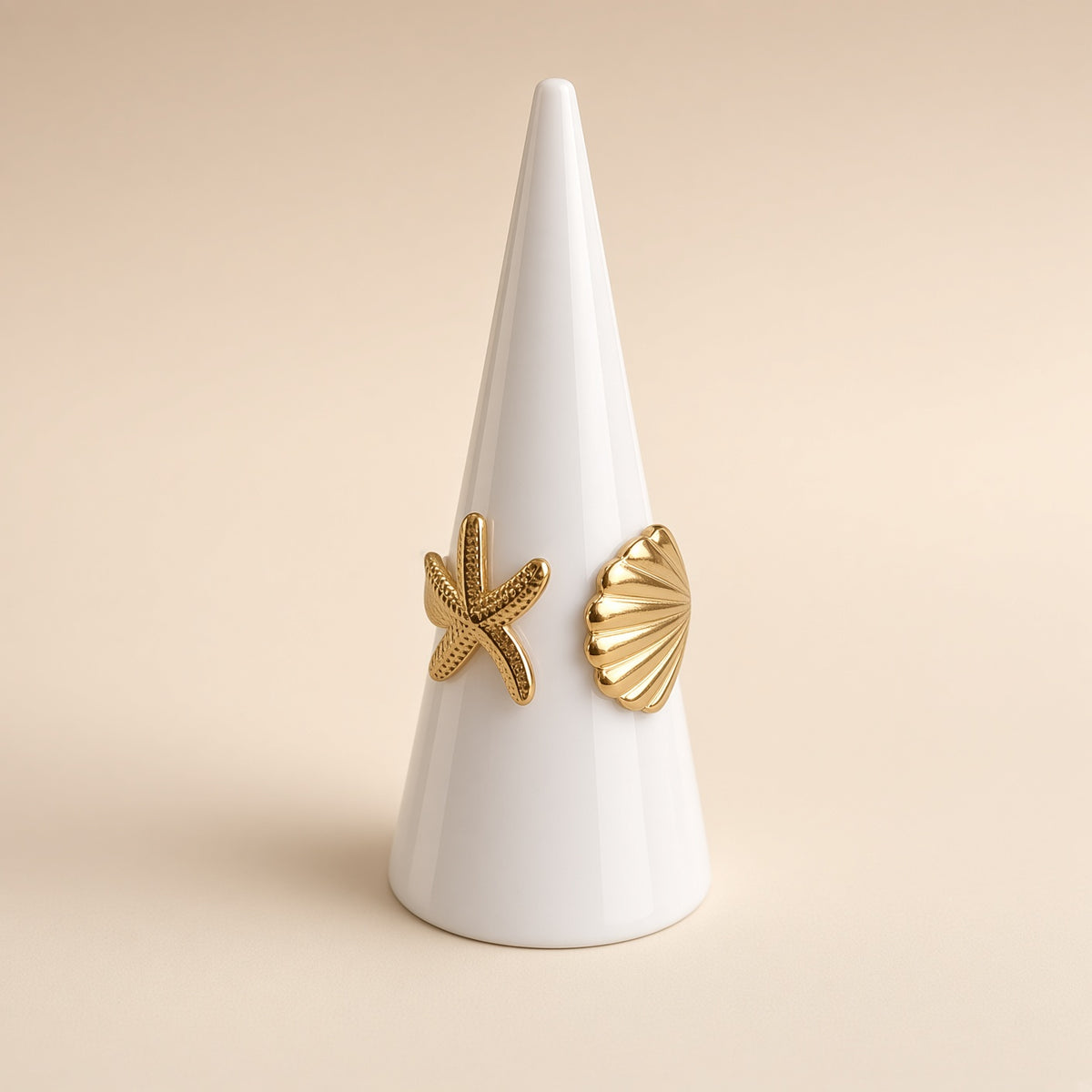 Bague étoile de mer et coquillage – Acier inoxydable plaqué or | Bague femme marine