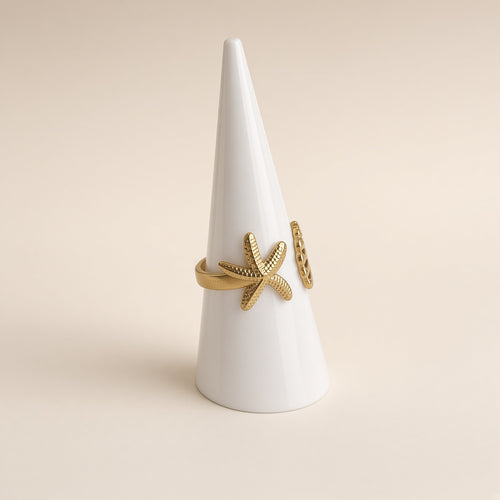 Bague étoile de mer et coquillage – Acier inoxydable plaqué or | Bague femme marine
