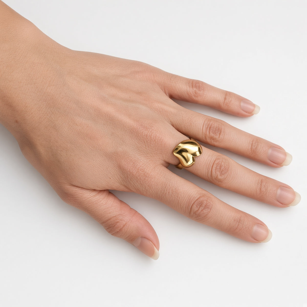Bague Ajustable Cœur Bombé Doré Bicolore – Acier Inoxydable