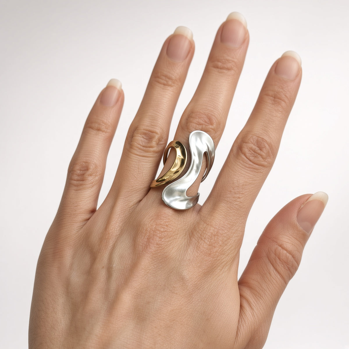 Bague sculpturale duo or et argent – Acier inoxydable | Bague femme moderne