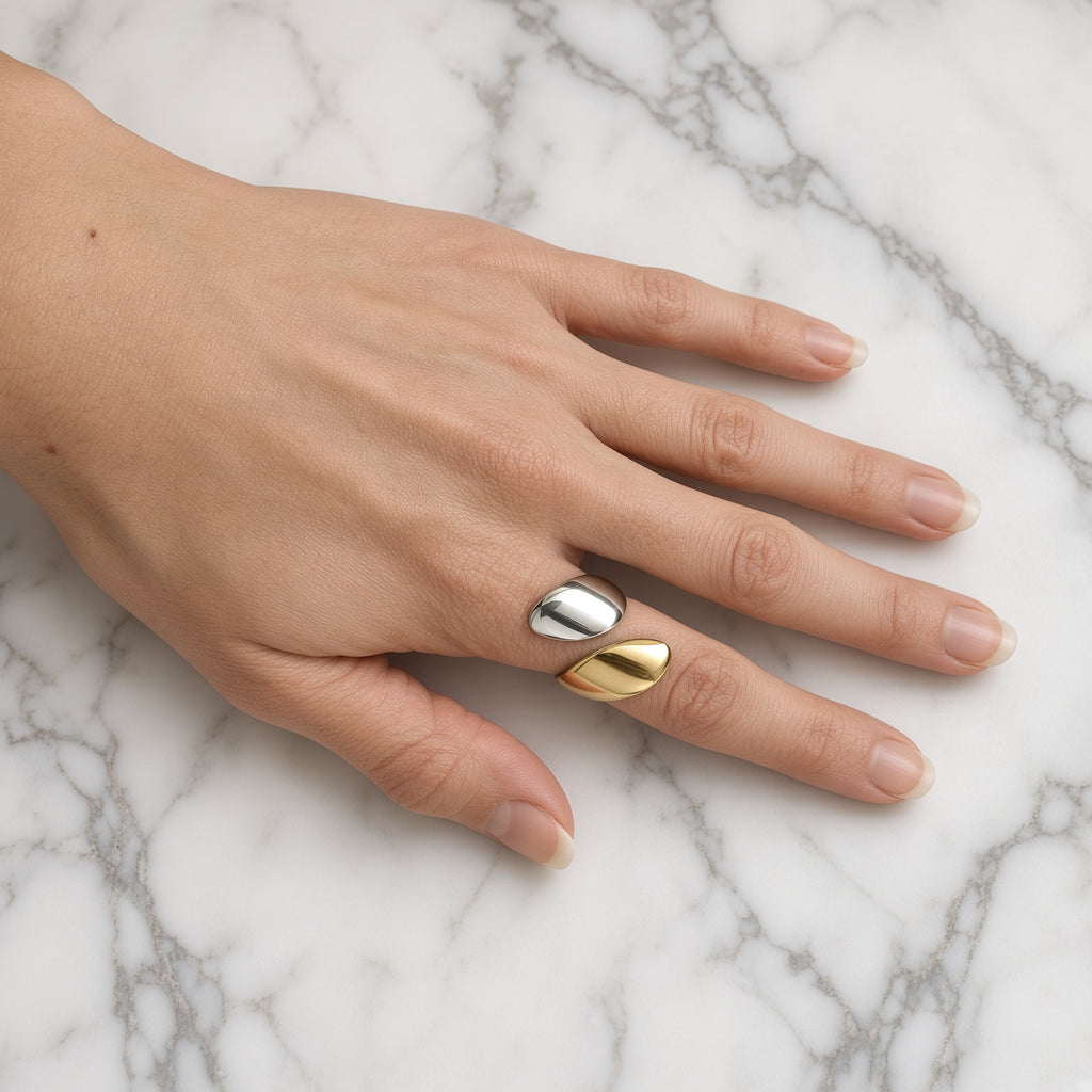 Bague double ouverte pétale bicolore – Acier inoxydable or et argent | Bague femme moderne