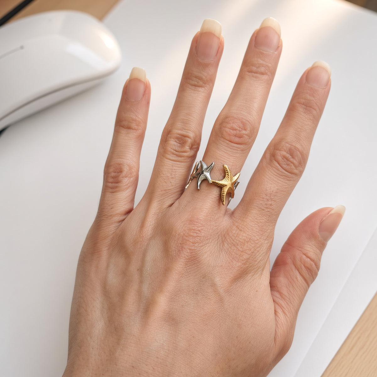 Bague Ajustable Double Étoile de Mer Bicolore – Acier Inoxydable