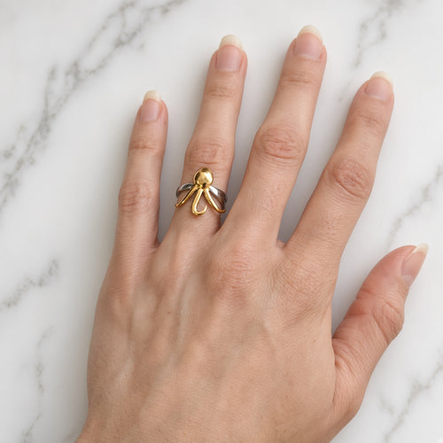 Bague pieuvre bicolore – Acier inoxydable or et argent | Bague femme marine