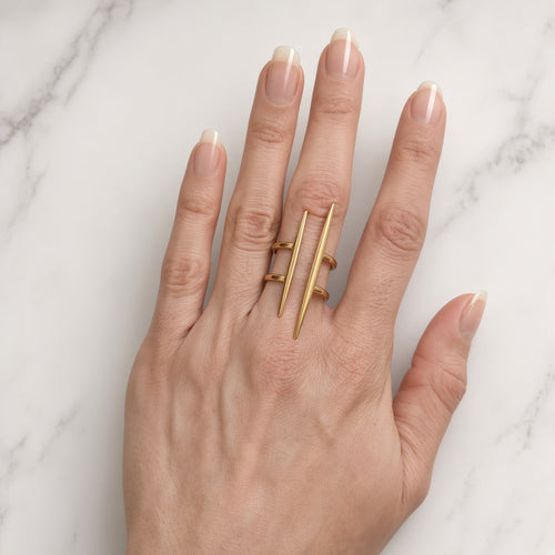 Bague double barre verticale dorée – Acier inoxydable plaqué or | Bague femme graphique