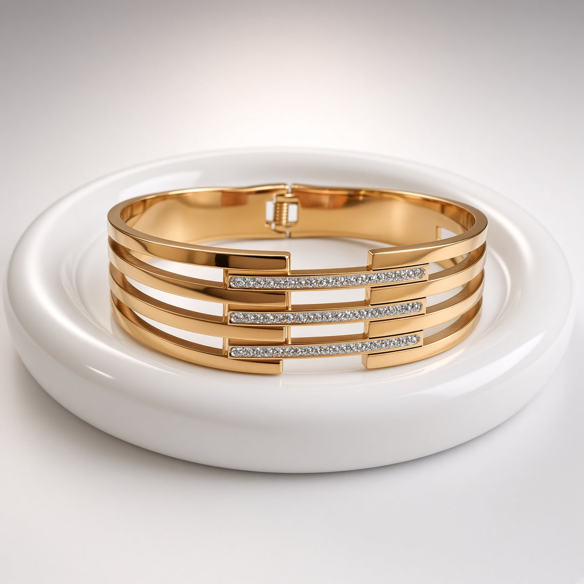 Bracelet manchette graphique doré – Acier inoxydable plaqué or et strass | Bijou femme moderne