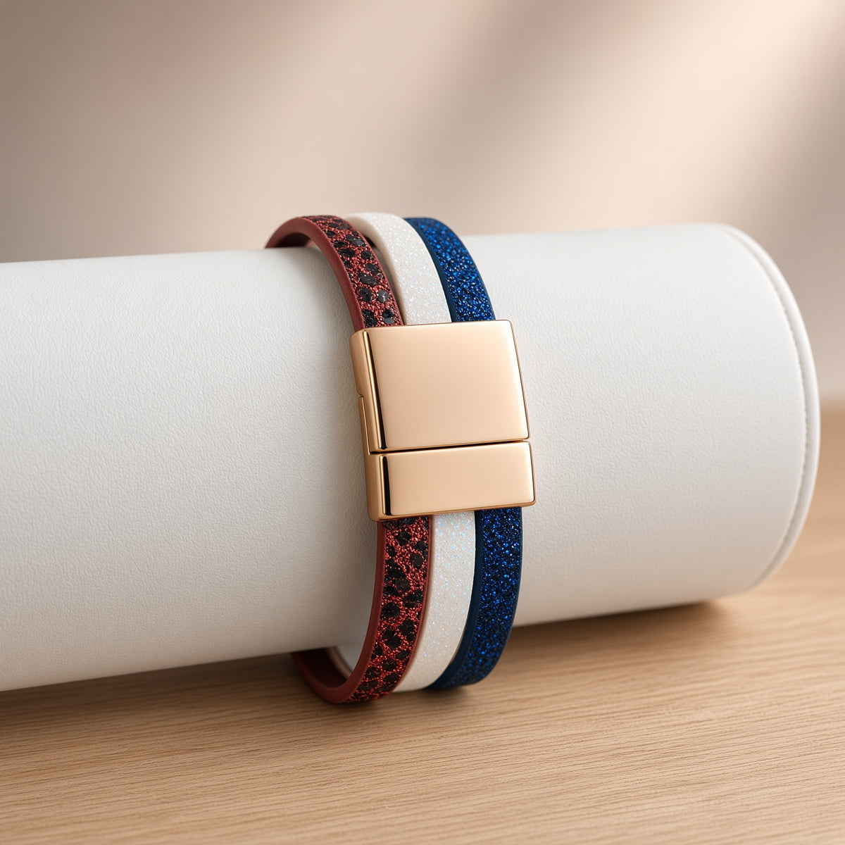 Bracelet multi-rangs tricolore pailleté – Médaille et fermoir aimanté doré | Bracelet femme