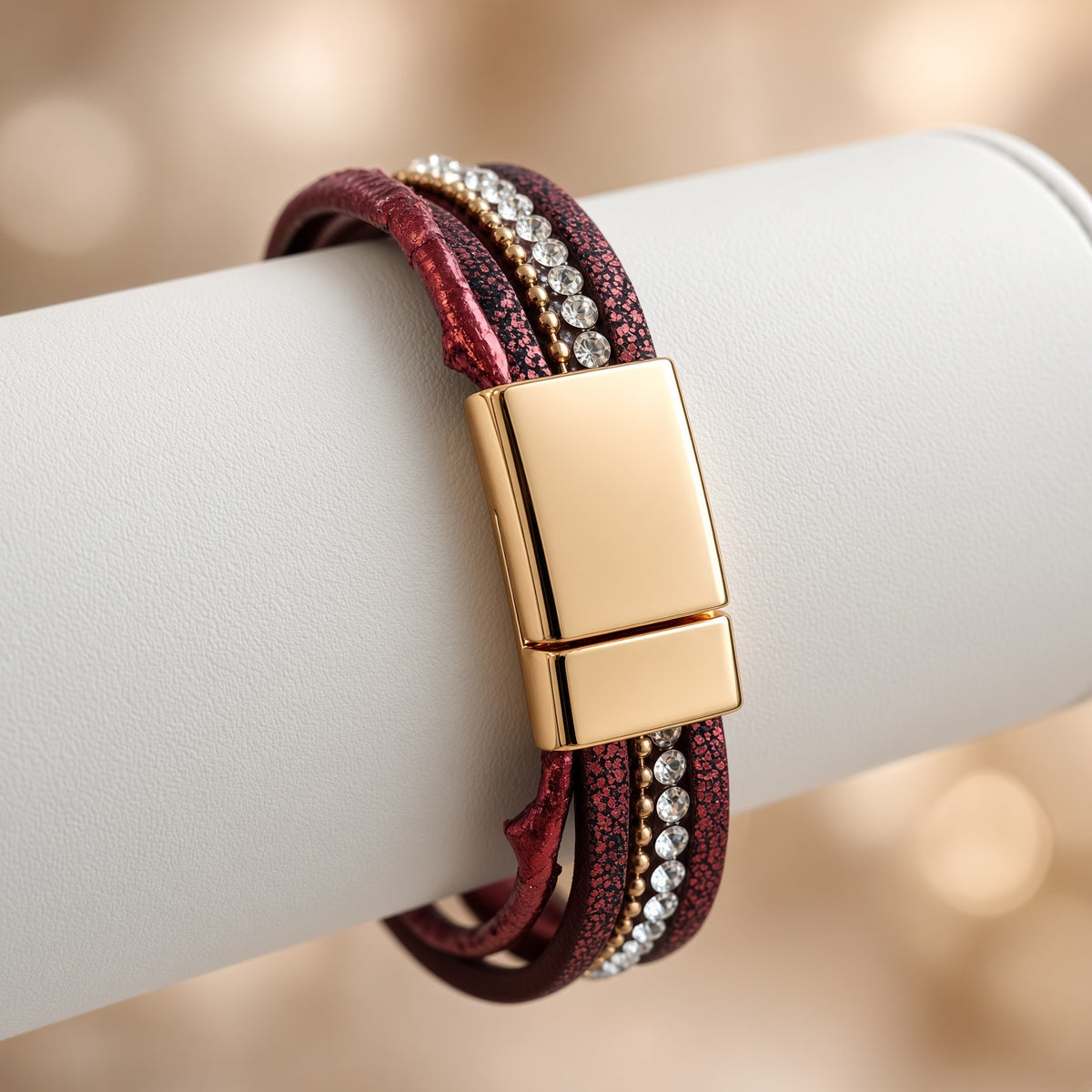 Bracelet multi-rangs bordeaux – Infini, strass et fermoir aimanté doré | Bracelet femme