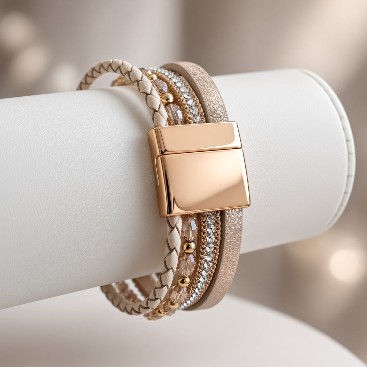 Bracelet multi-rangs beige et or rose – Pierre, strass et fermoir aimanté | Bracelet femme
