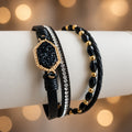 Bracelet multi-rangs noir et or – Strass, perles et pierre | Fermoir aimanté doré