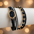 Bracelet multi-rangs noir et or – Strass, perles et pierre | Fermoir aimanté doré