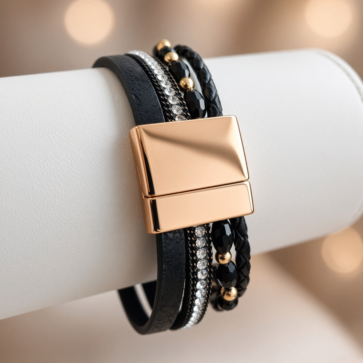 Bracelet multi-rangs noir et or – Strass, perles et pierre | Fermoir aimanté doré