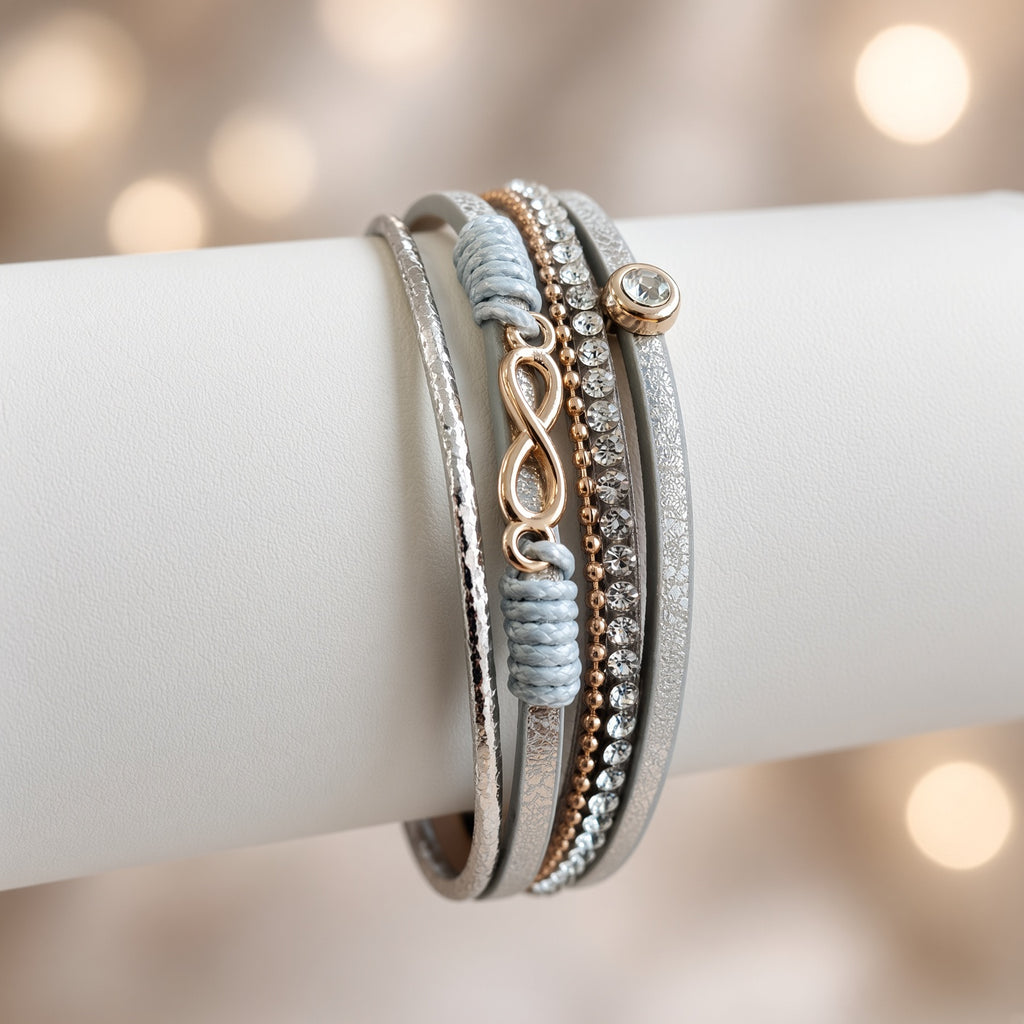 Bracelet multi-rangs gris strass – Infini et fermoir aimanté doré | Bracelet femme