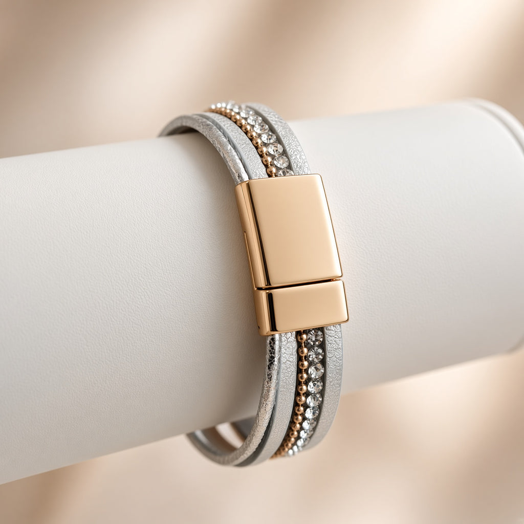 Bracelet multi-rangs gris strass – Infini et fermoir aimanté doré | Bracelet femme