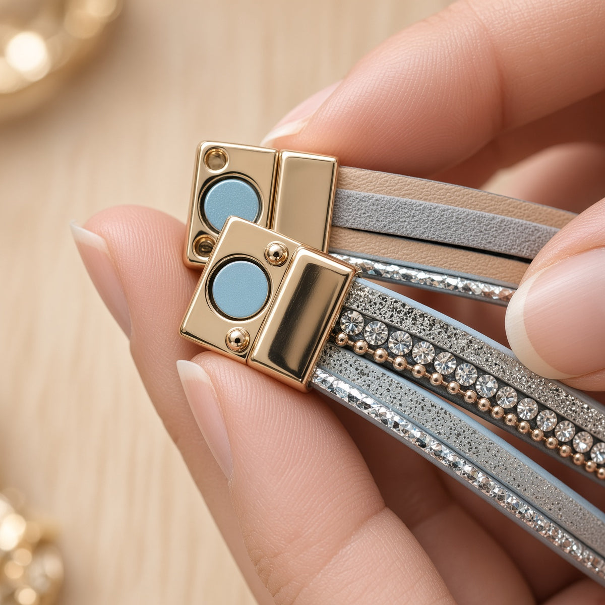 Bracelet multi-rangs gris strass – Infini et fermoir aimanté doré | Bracelet femme