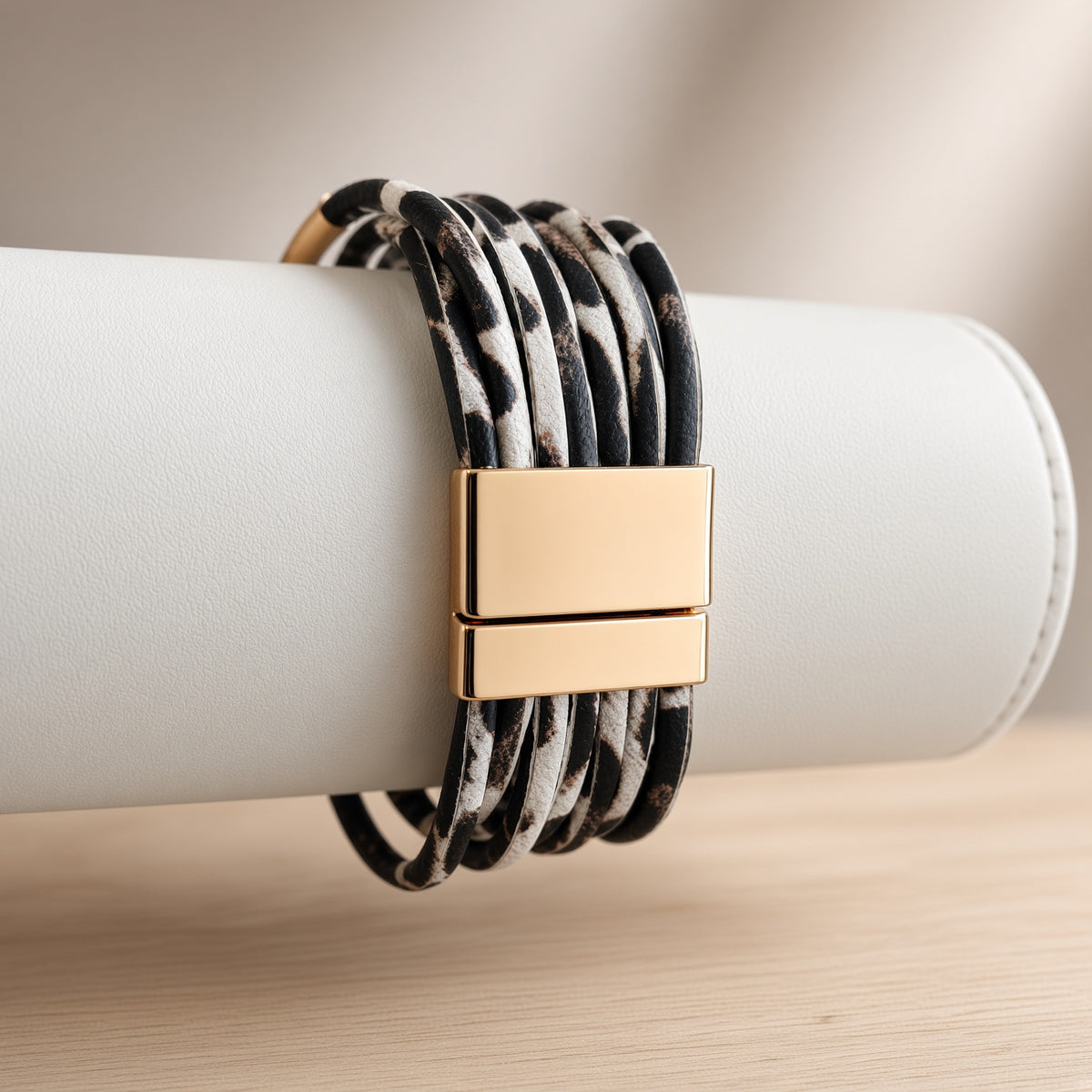 Bracelet multi-rangs imprimé Leopard– Cuir et fermoir aimanté doré | Bracelet femme